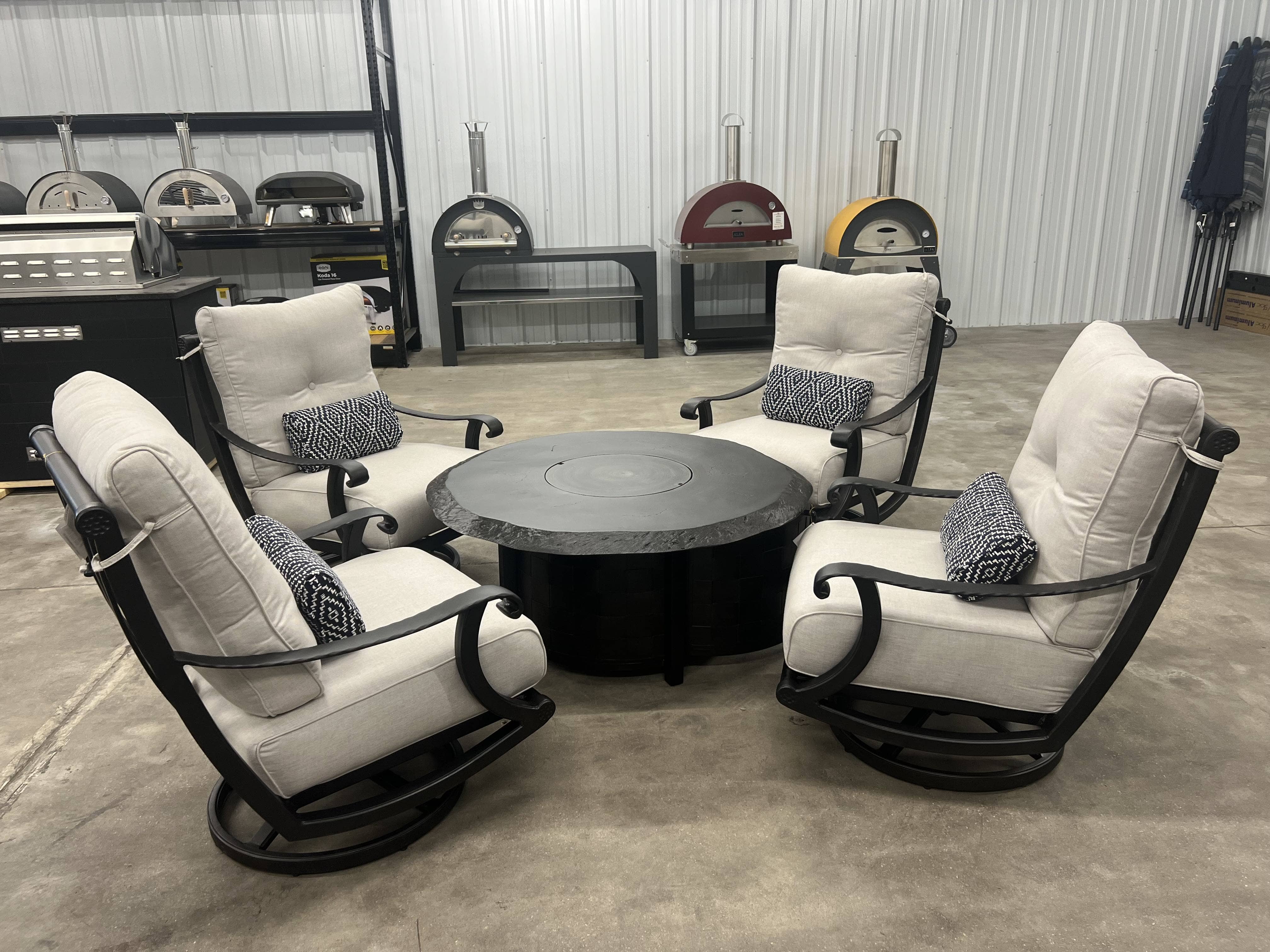 Local Special: Castelle Telluride High Back Swivel Rockers in Antique Dark Rum with Idol Seagull Cushions and Castelle Classical 49