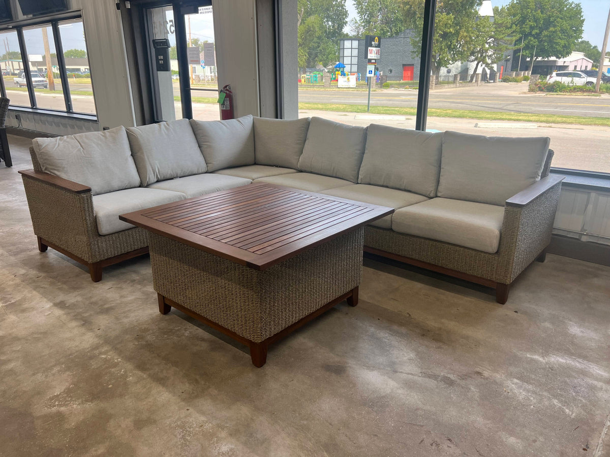 Local Special: Jensen Coral Sectional in Natural Weave with Premier Fog Fabric and Square Chat Table 12049964