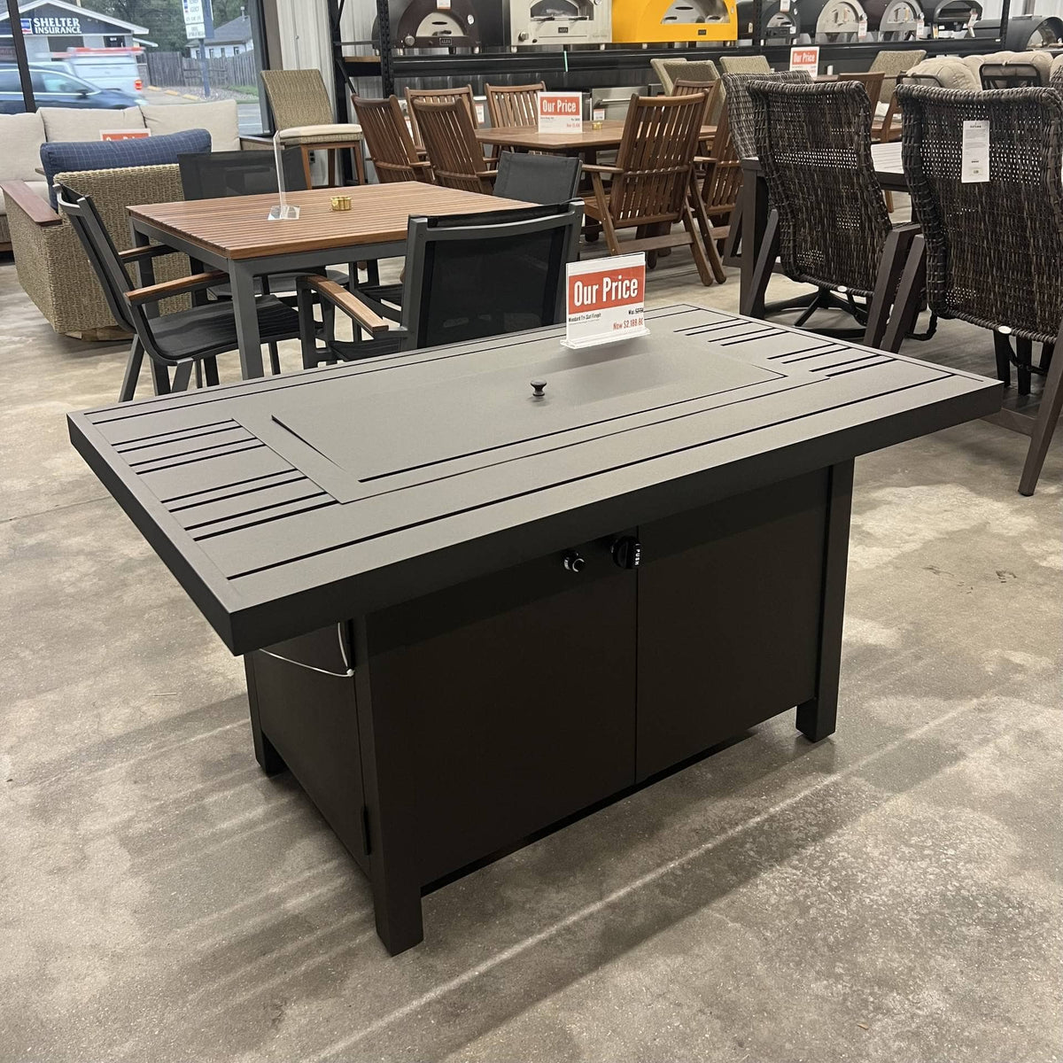 Local Special, Woodard Chat Height, Rectangular Fire Table with Tri-Slat Top, Twilight Finish