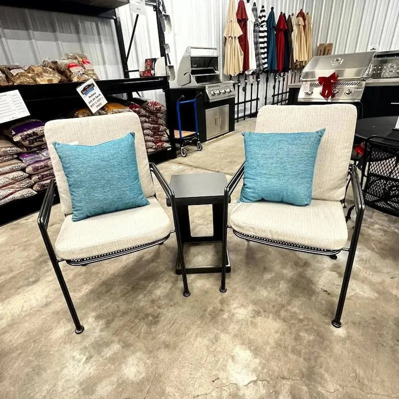 Local Special, Woodard, Madison, 2 Dining Chairs with back & seat cushions + end table, Pewter Finish CD2017