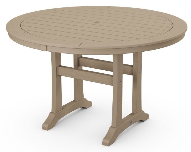 POLYWOOD 48 inch Round Nautical Trestle Dining Table in Vintage Sahara Outdoor Tables 12039484