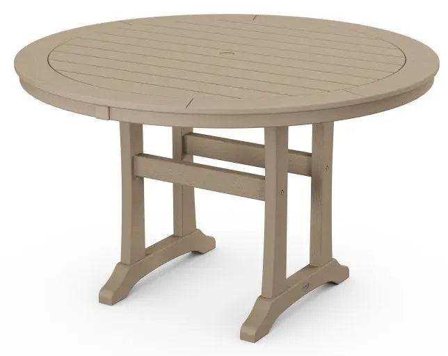 POLYWOOD 48" Round Nautical Trestle Outdoor Dining Table in Vintage Sahara Outdoor Tables 12039484