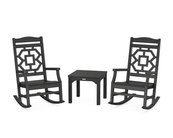POLYWOOD Chinoiserie 3-Piece Rocking Chair Set in Black 12041820