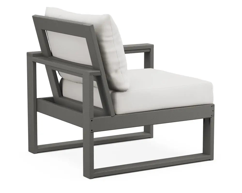 Polywood Edge Modular Right Arm Chair in Vintage Coffee Finish with Weathered Tweed Cushion Outdoor Chairs 12040247