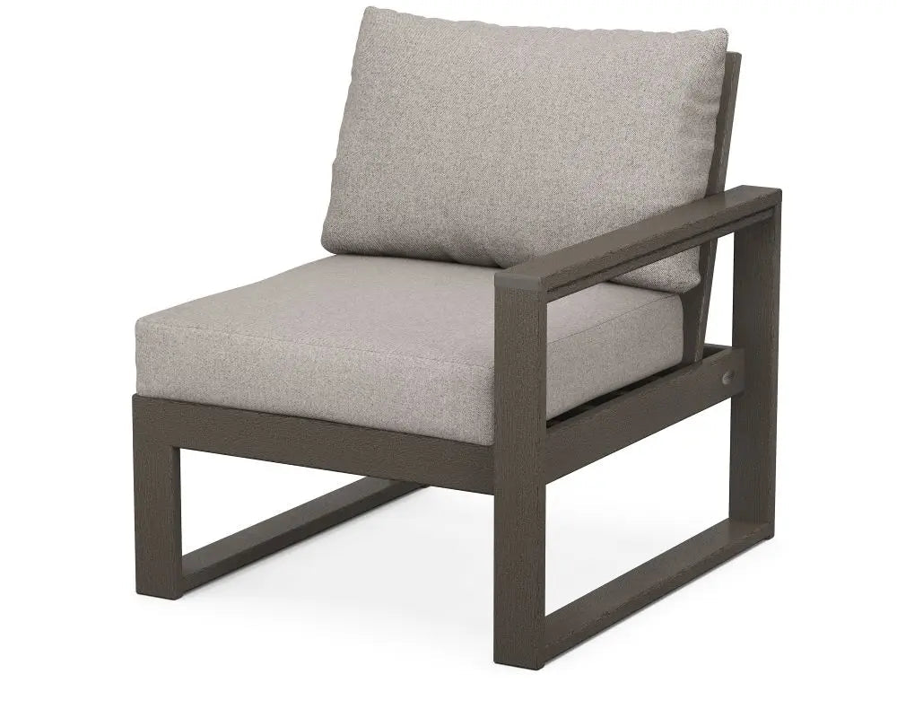 Polywood Edge Modular Right Arm Chair in Vintage Coffee Finish with Weathered Tweed Cushion Outdoor Chairs 12040247