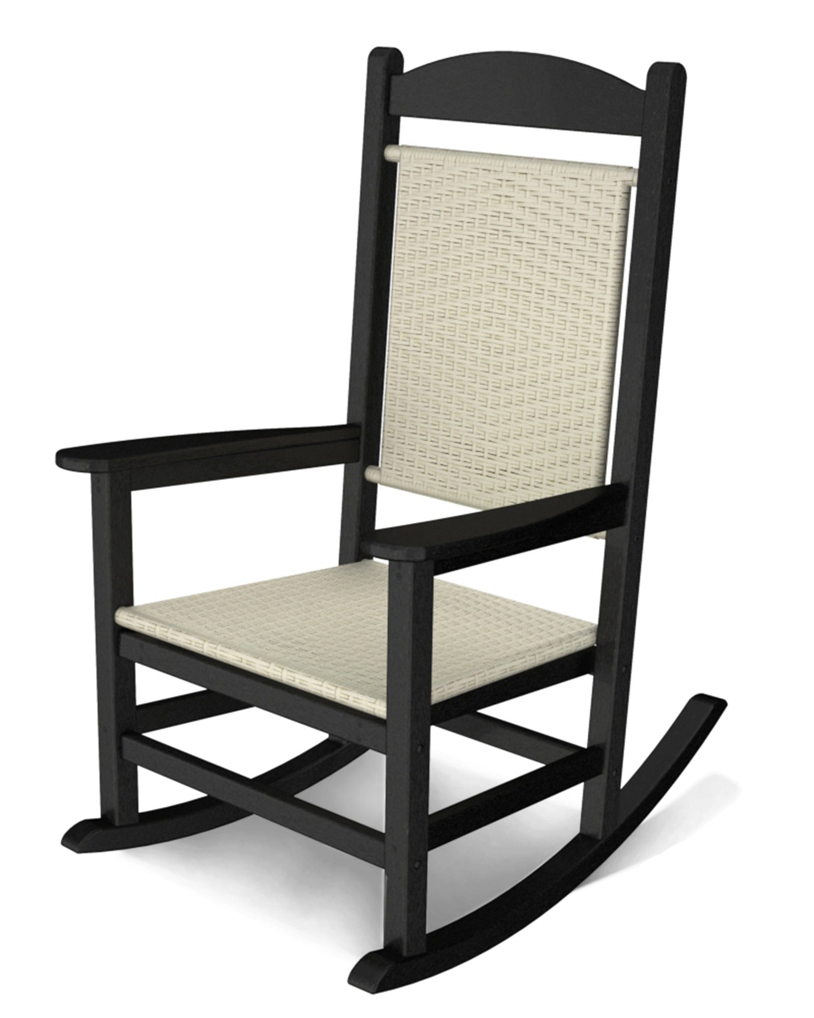 Polywood Presidential Woven Rocking Chair with Black Frame and White Loom 12031450