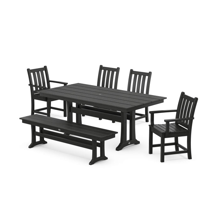 POLYWOOD Traditional Garden 6-Piece Farmhouse Dining Set with Trestle Legs and Bench in Black
