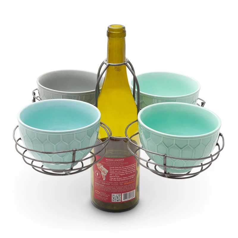 Quad Basket Bottle Topper with 4 Hex Pattern Stoneware Bowls 12030873