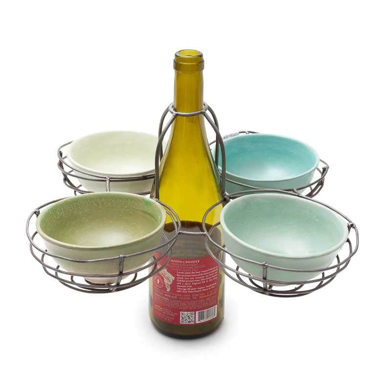 Quad Basket Bottle Topper with 4 Two-Toned Stoneware Bowls 12030874