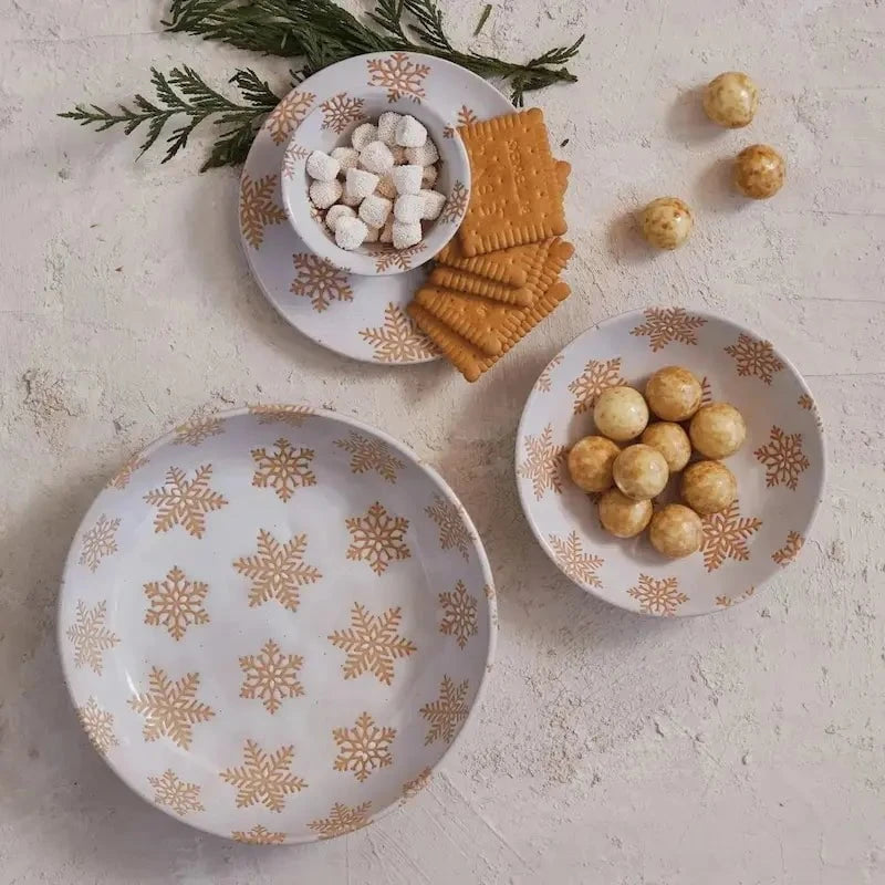 Reactive Glaze Stoneware Low Bowl with Snowflakes Seasonal & Holiday Decorations 12044814