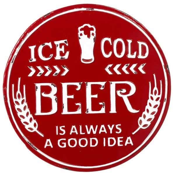 Red and White Enameled Round 'Ice Cold Beer' Wall Sign Decor 12038632