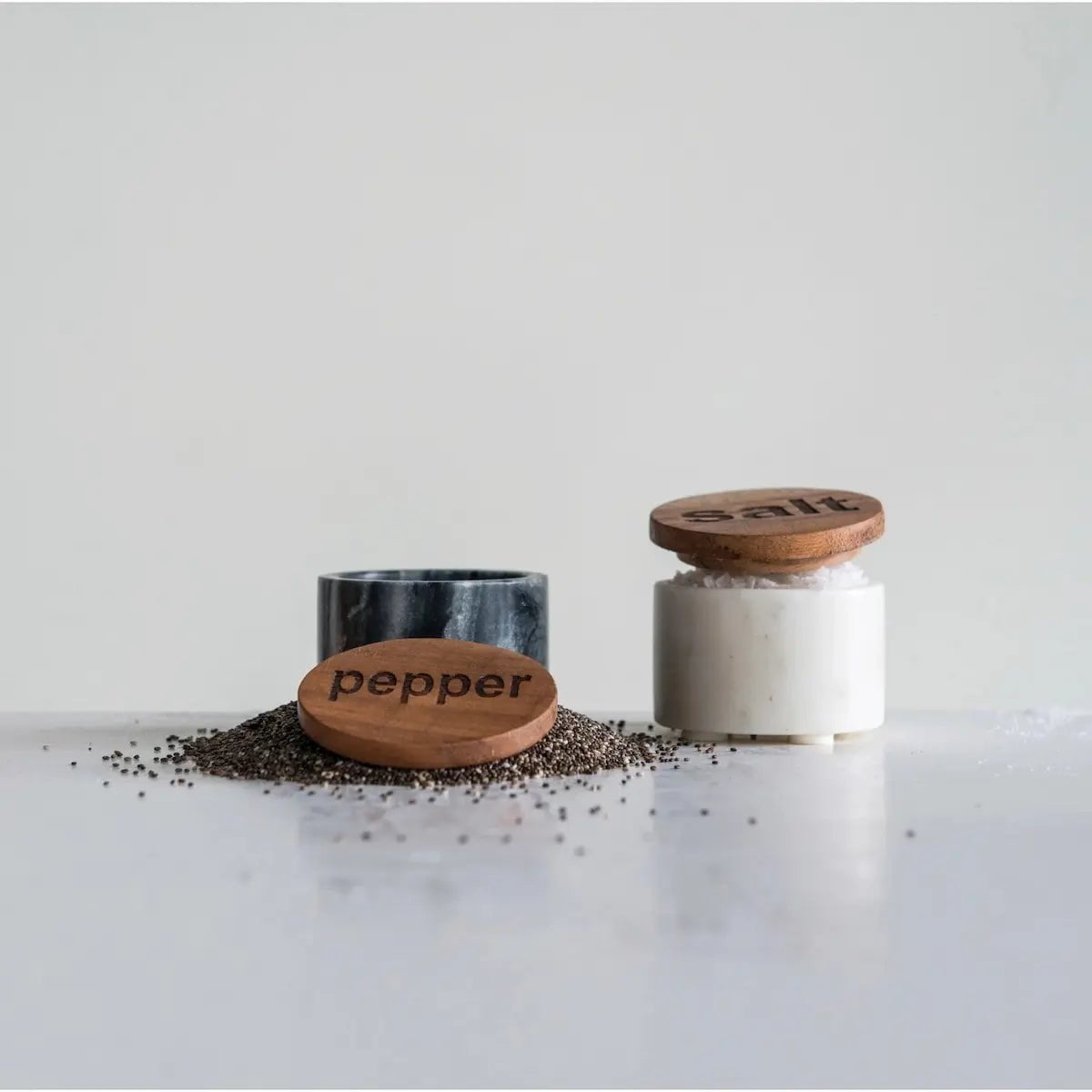 Salt and Pepper Container with Wood Lid, 2 Styles Salt & Pepper Shakers