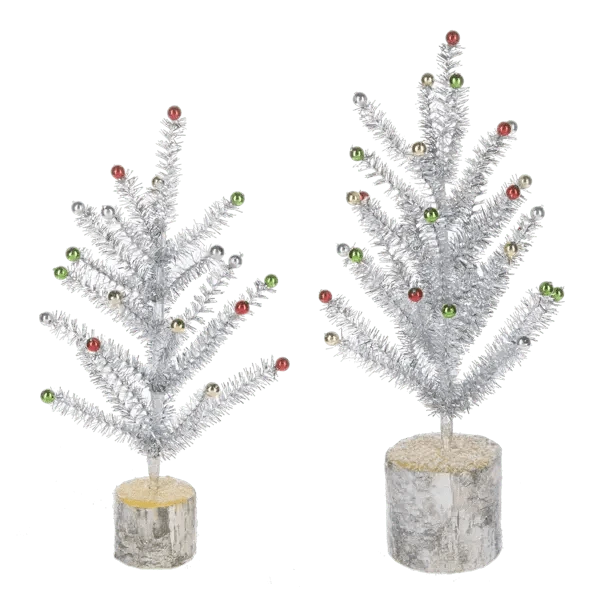 Silver Tinsel Trees with Wood Base Seasonal & Holiday Decorations