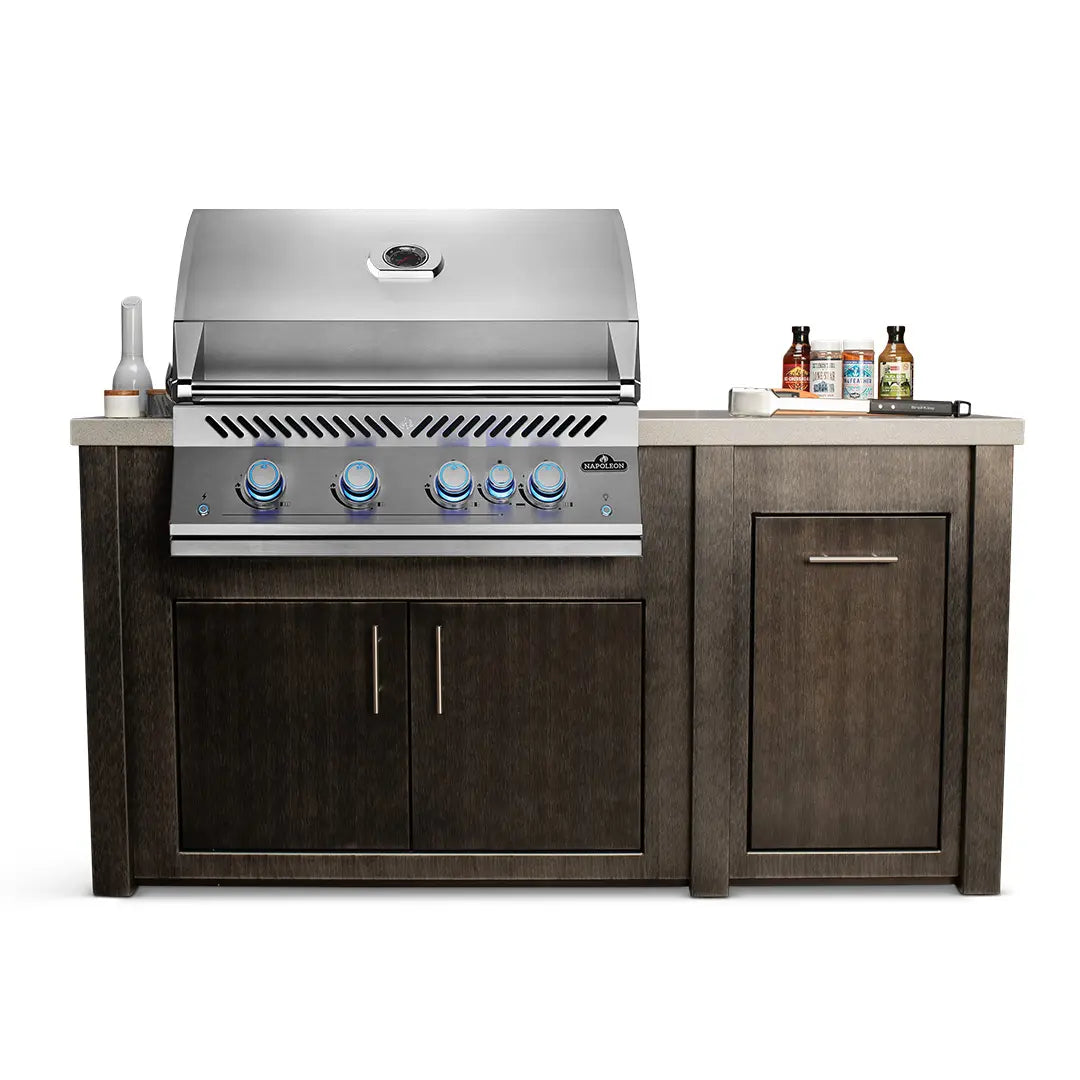 Stoll 71″ Brushed Black Outdoor Kitchen Island with Granite & Napoleon Stainless BBQ Grill Outdoor Kitchen