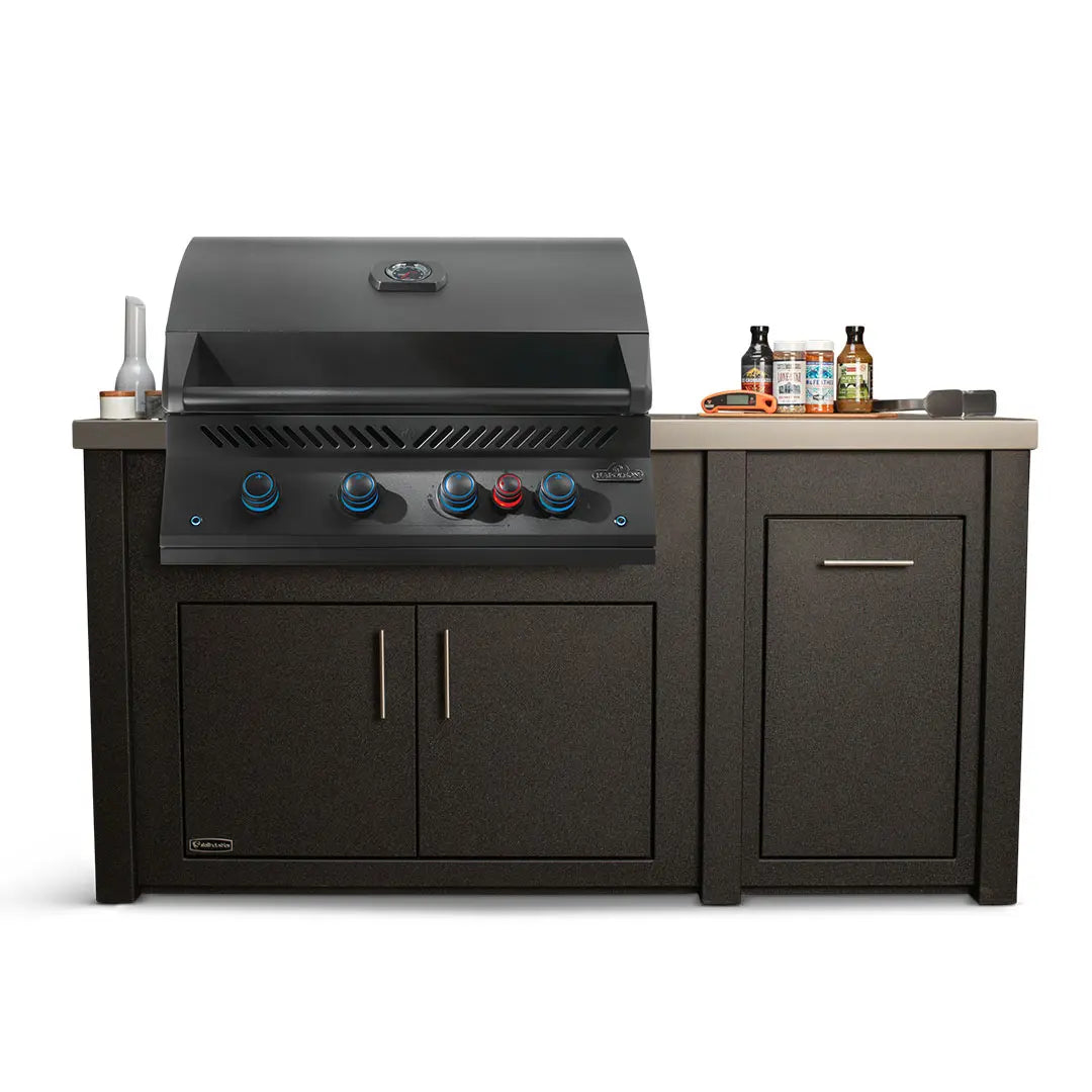 Stoll 71″ Graphite Kitchen Island with Concrete Top & Napoleon Matte Black BBQ Grill Outdoor Kitchen