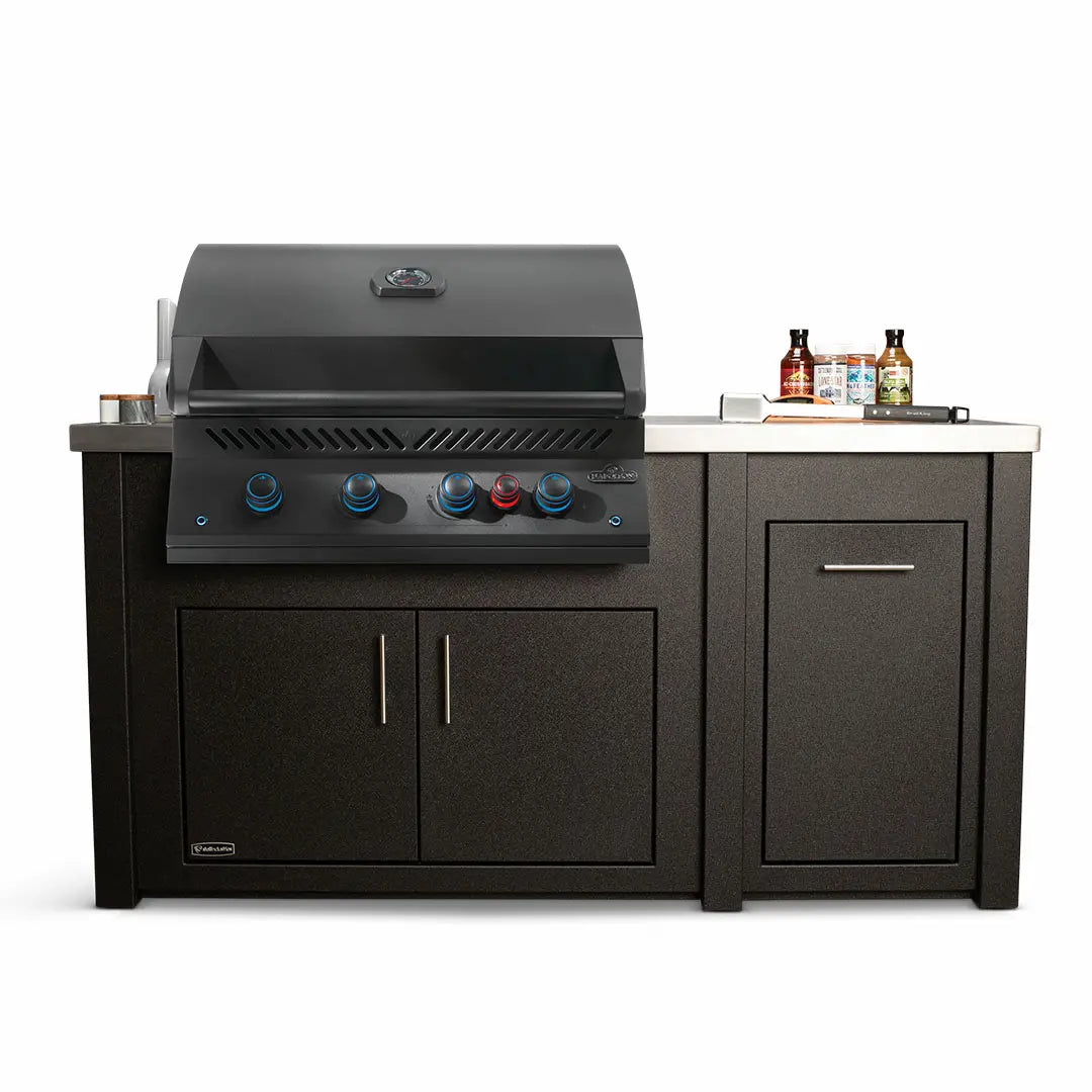 Stoll 71″ Graphite Outdoor Island with Brushed Stainless Top & Napoleon Matte Black BBQ Grill Outdoor Kitchen