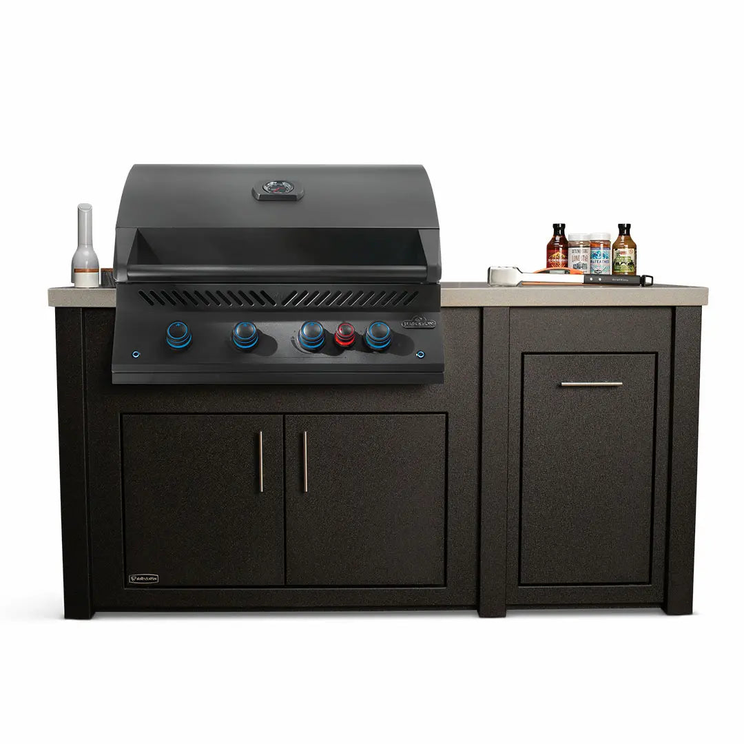 Stoll 71″ Graphite Outdoor Kitchen Island with Granite Top & Napoleon BIG32RB Matte Black BBQ Grill Outdoor Kitchen
