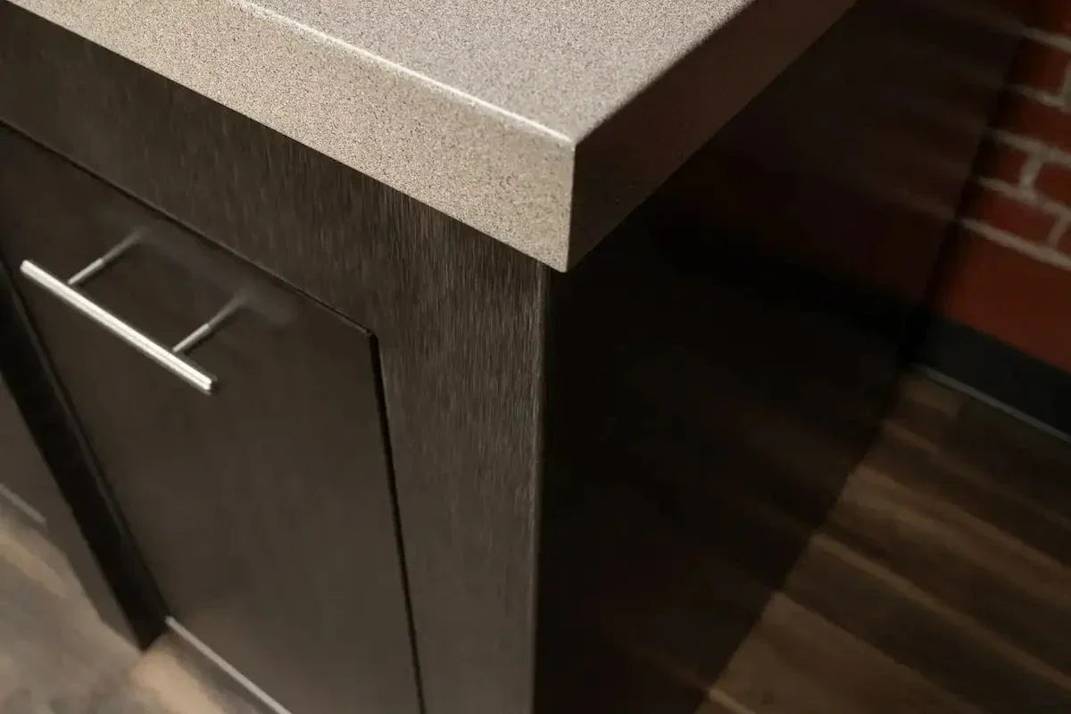 Stoll 71″ Outdoor Kitchen Island with Granite Top & Napoleon BIG32RB Matte Black BBQ Grill - Brushed Black Cabinet with Granite Style Top Outdoor Kitchen