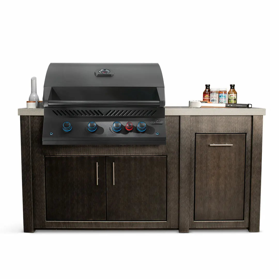 Stoll 71″ Outdoor Kitchen Island with Granite Top & Napoleon BIG32RB Matte Black BBQ Grill - Brushed Black Cabinet with Granite Style Top Outdoor Kitchen