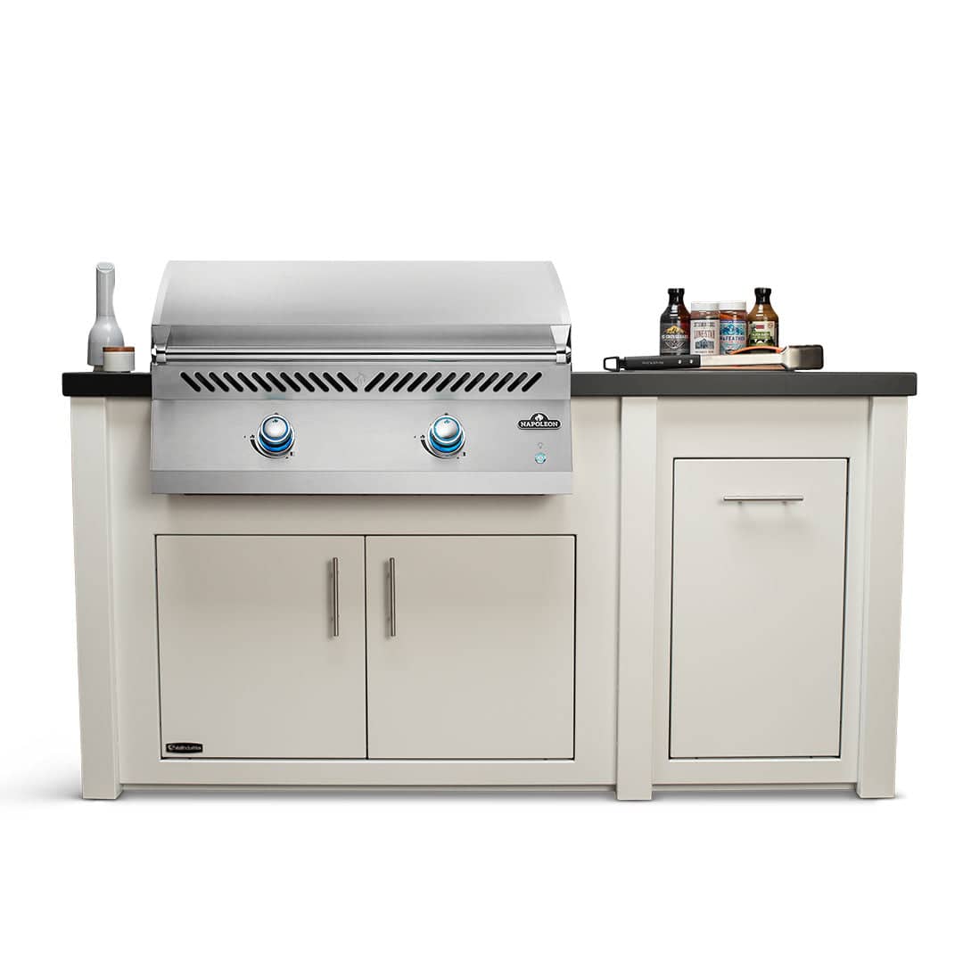 Stoll 71" Outdoor Kitchen Island with Napoleon Flat Top Gas Grill Head, White Cabinet with Darkened Iron Countertop