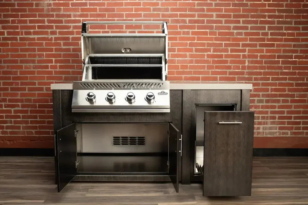 Stoll 71” Pre-Assembled Outdoor Kitchen Island + Napoleon BI32 Prestige Grill Head, Brushed Black with Granite Style Top Grill Heads