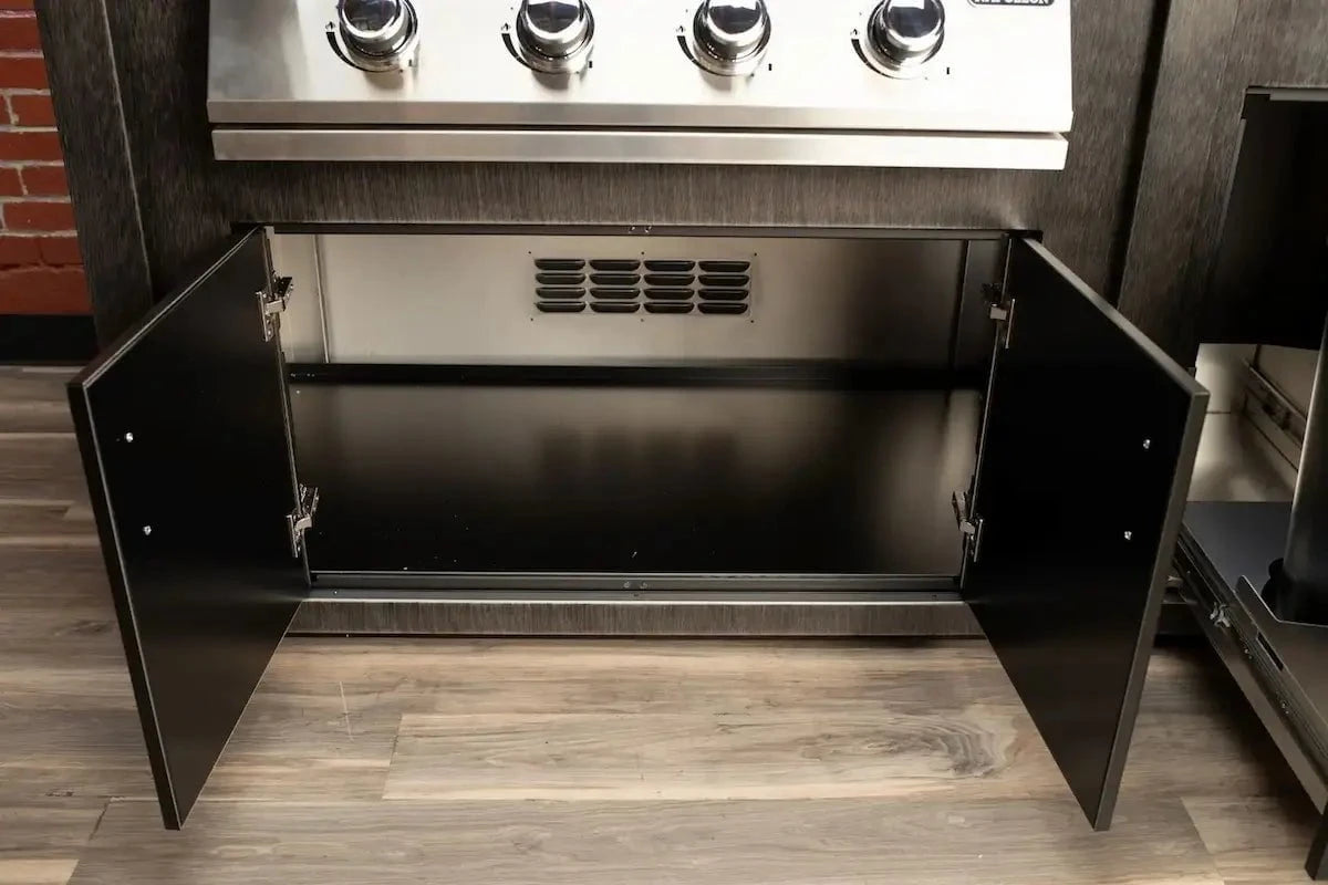 Stoll 71” Pre-Assembled Outdoor Kitchen Island + Napoleon BI32 Prestige Grill Head, Brushed Black with Granite Style Top Outdoor Kitchen 12044866