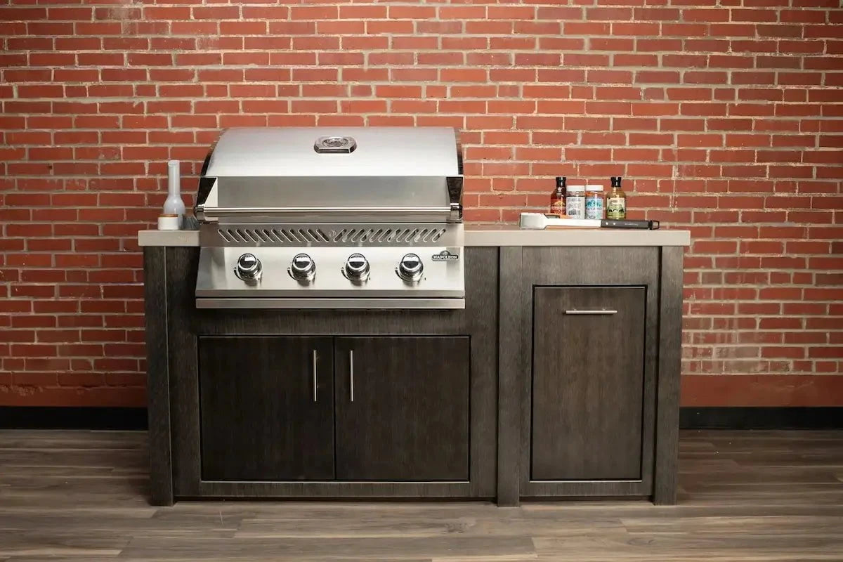 Stoll 71” Pre-Assembled Outdoor Kitchen Island + Napoleon BI32 Prestige Grill Head, Brushed Black with Granite Style Top Outdoor Kitchen 12044866