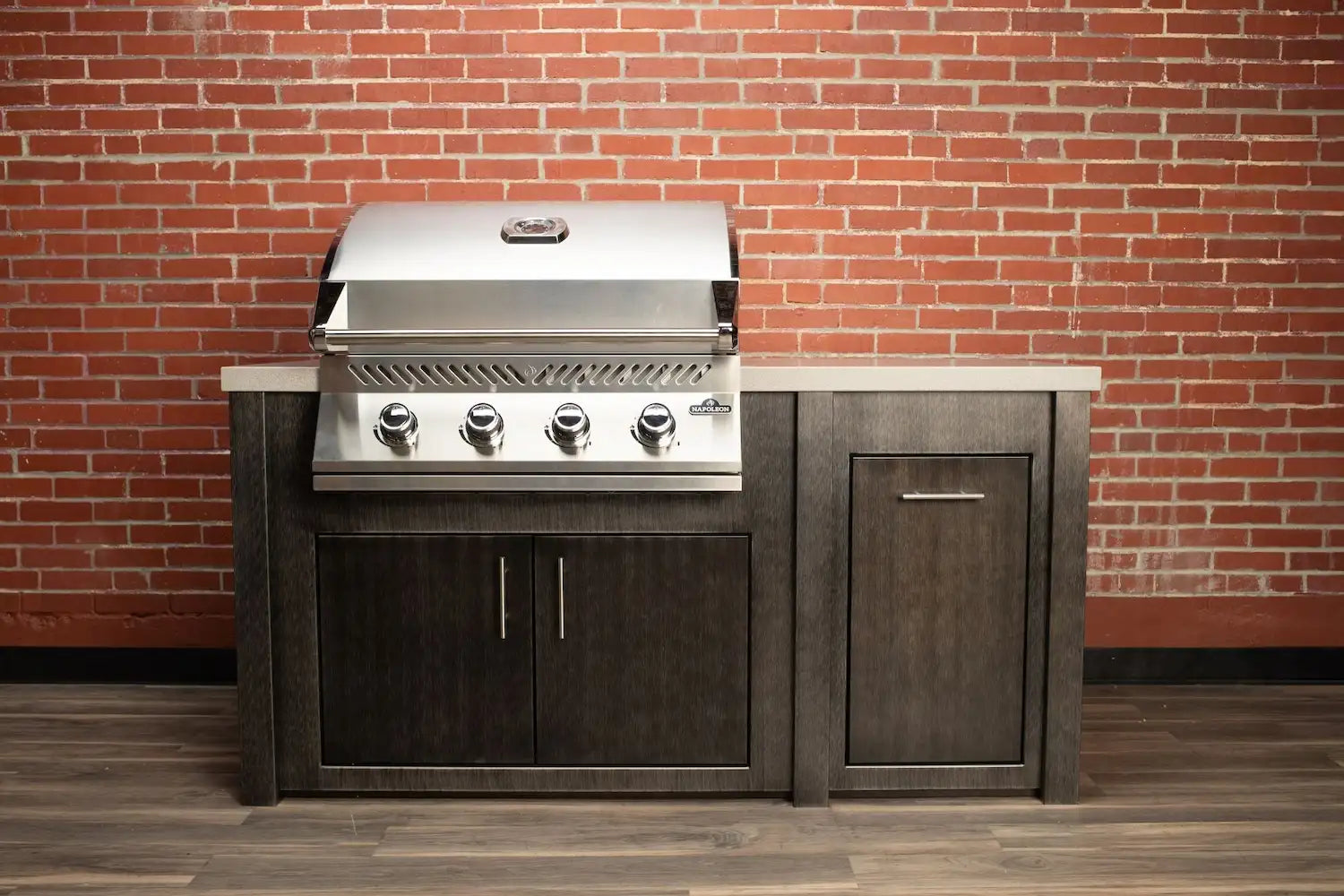 Stoll 71” Pre-Assembled Outdoor Kitchen Island + Napoleon BI32 Prestige Grill Head, Brushed Black with Granite Style Top Outdoor Kitchen 12044866