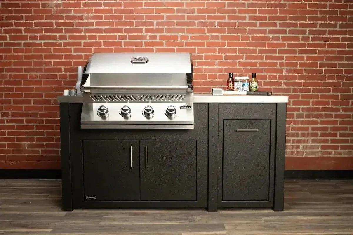 Stoll 71” Pre-Assembled Outdoor Kitchen Island + Napoleon BI32 Prestige Grill Head, Graphite with Brushed Stainless Top Grill Heads