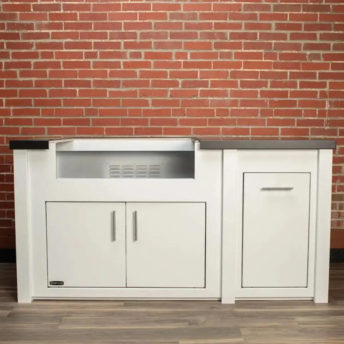 Stoll 71” Pre-Assembled Outdoor Kitchen Island + Napoleon BI32 Prestige Grill Head, White Cabinet with Darkened Iron Top Grill Heads