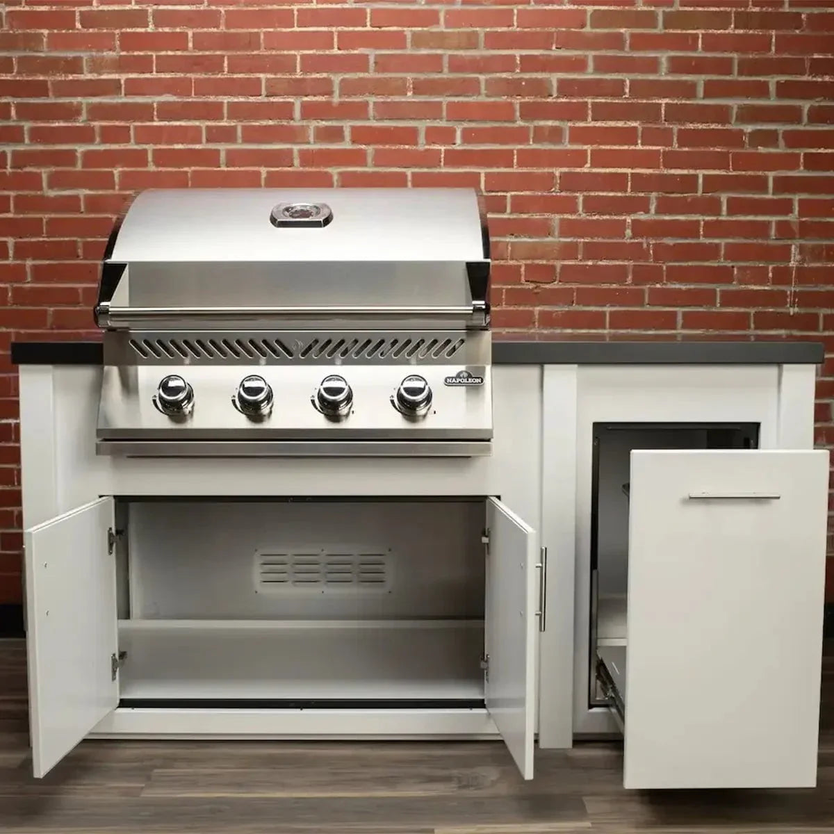 Stoll 71” Pre-Assembled Outdoor Kitchen Island + Napoleon BI32 Prestige Grill Head, White Cabinet with Darkened Iron Top Grill Heads