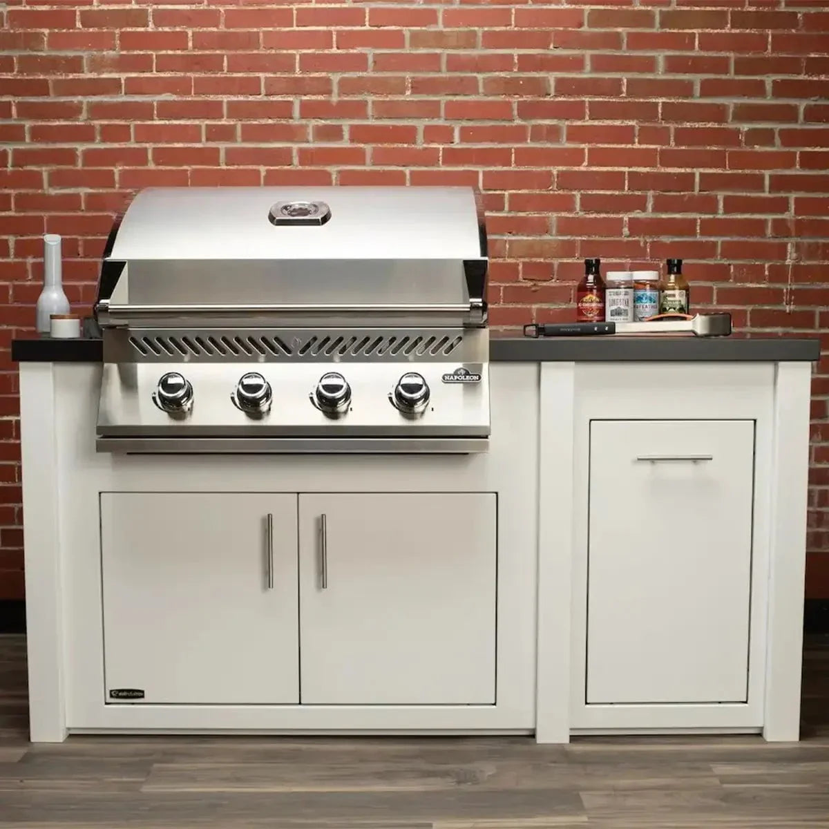 Stoll 71” Pre-Assembled Outdoor Kitchen Island + Napoleon BI32 Prestige Grill Head, White Cabinet with Darkened Iron Top Grill Heads