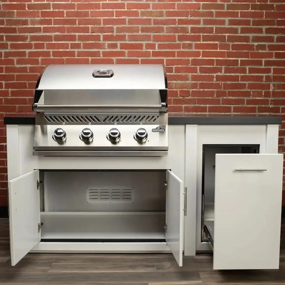 Stoll 71” Pre-Assembled Outdoor Kitchen Island + Napoleon BI32 Prestige Grill Head, White Cabinet with Darkened Iron Top Outdoor Kitchen 12044865