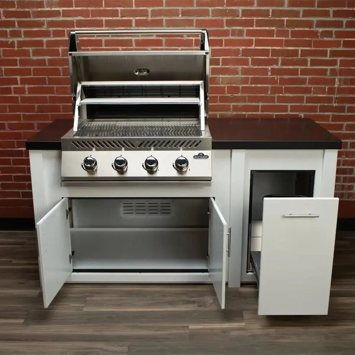 Stoll 71” Pre-Assembled Outdoor Kitchen Island + Napoleon BI32 Prestige Grill Head, White Cabinet with Darkened Iron Top Outdoor Kitchen 12044865