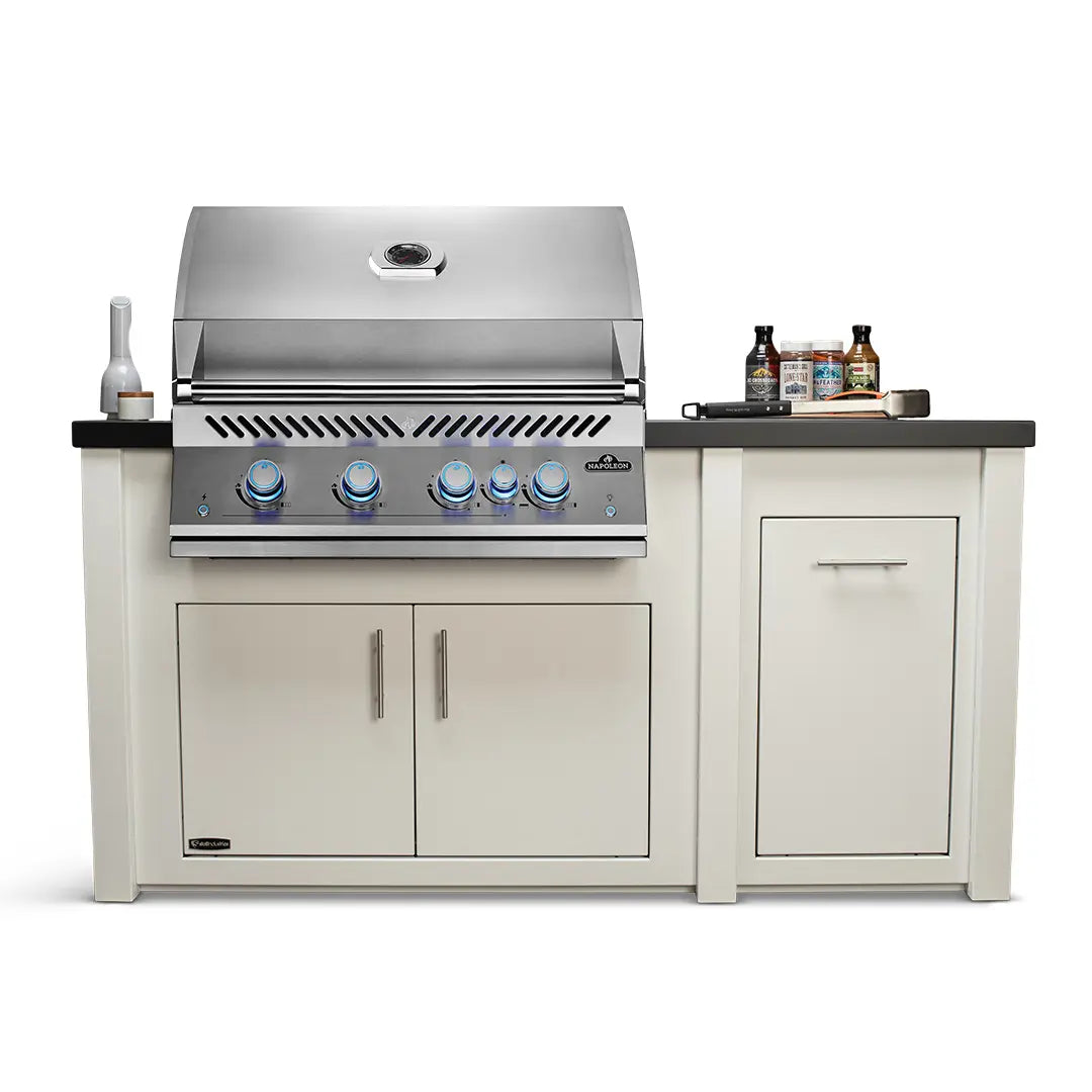 Stoll 71″ White Kitchen Island with Darkened Iron Top & Napoleon Stainless BBQ Grill Outdoor Kitchen