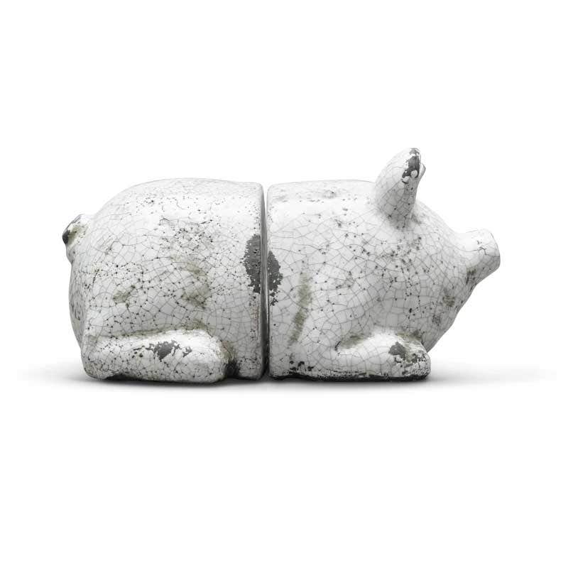 White Terracotta Pig Bookends with Crackle Finish Decor 12029992