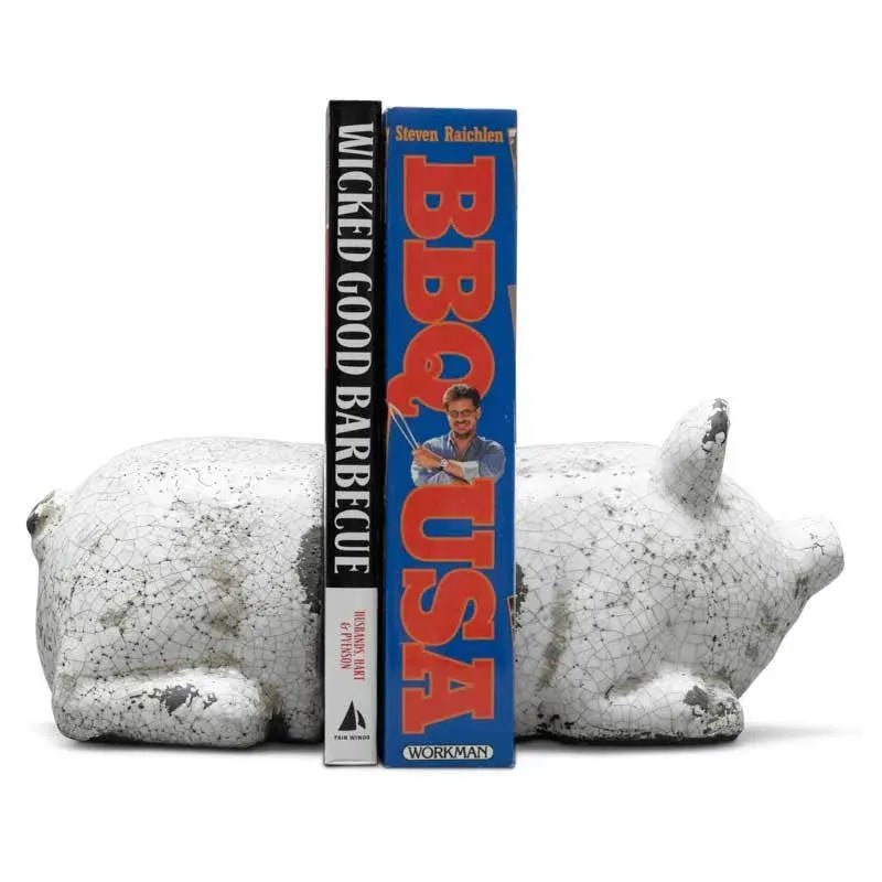 White Terracotta Pig Bookends with Crackle Finish Decor 12029992
