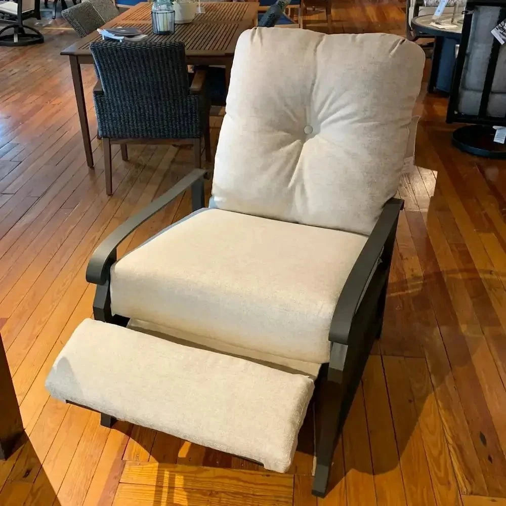 Woodard Cortland Cushioned Recliner in Twilight Finish with Chartres Malt Fabric Outdoor Chairs 12039619