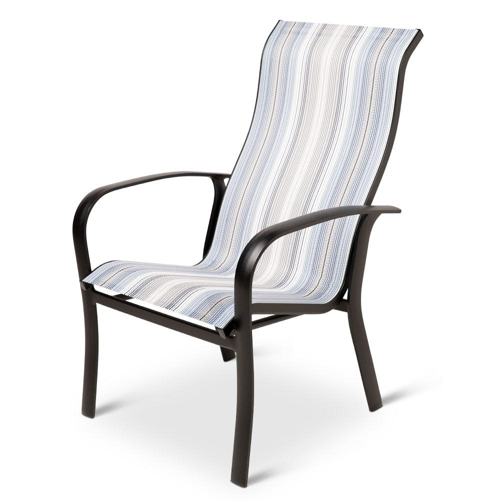 Woodard Fremont High Back Dining Arm Chair in Textured Black Finish with Daytripper Stripe Sling, Grade A Outdoor Chairs 12035381