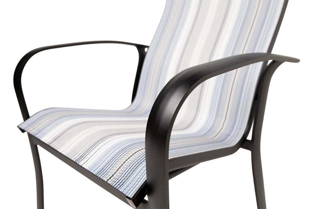 Woodard Fremont High Back Dining Arm Chair in Textured Black Finish with Daytripper Stripe Sling, Grade A Outdoor Chairs 12035381
