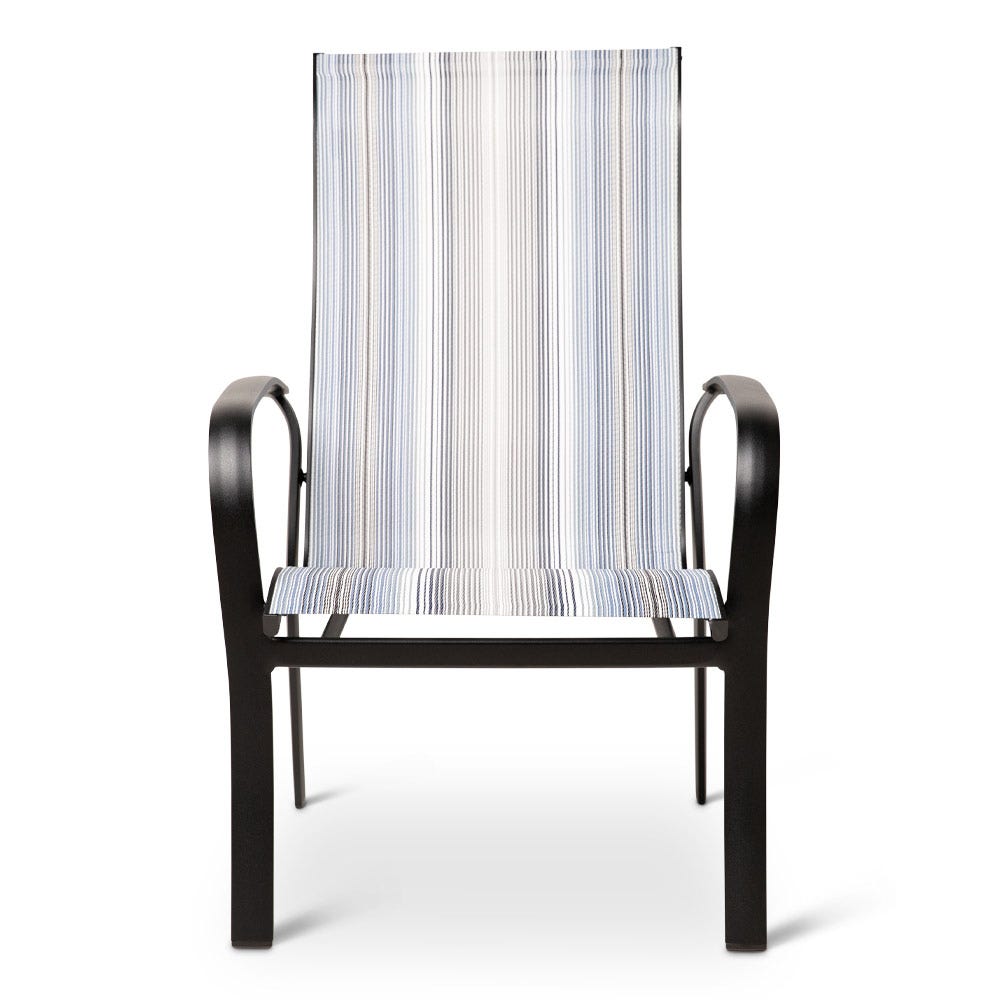 Woodard Fremont High Back Dining Arm Chair in Textured Black Finish with Daytripper Stripe Sling, Grade A Outdoor Chairs 12035381