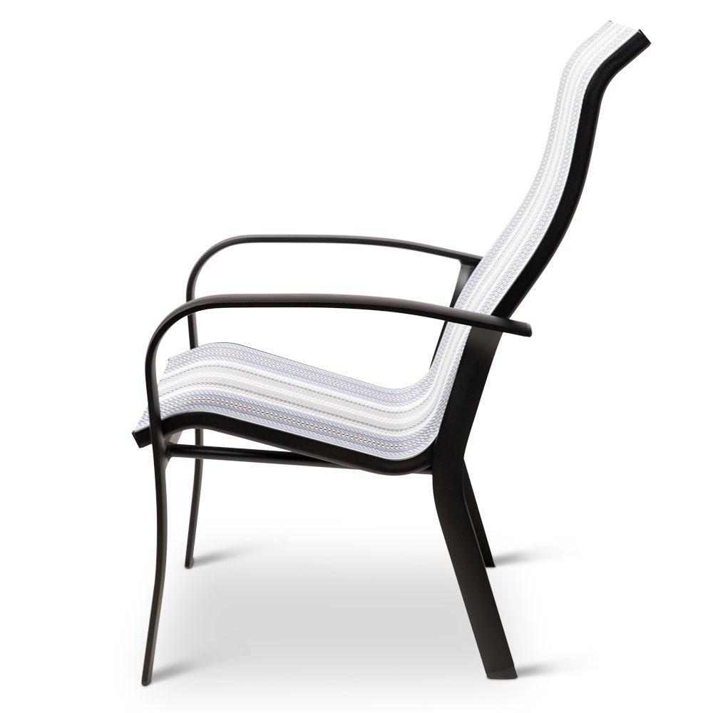 Woodard Fremont High Back Dining Arm Chair in Textured Black Finish with Daytripper Stripe Sling, Grade A Outdoor Chairs 12035381