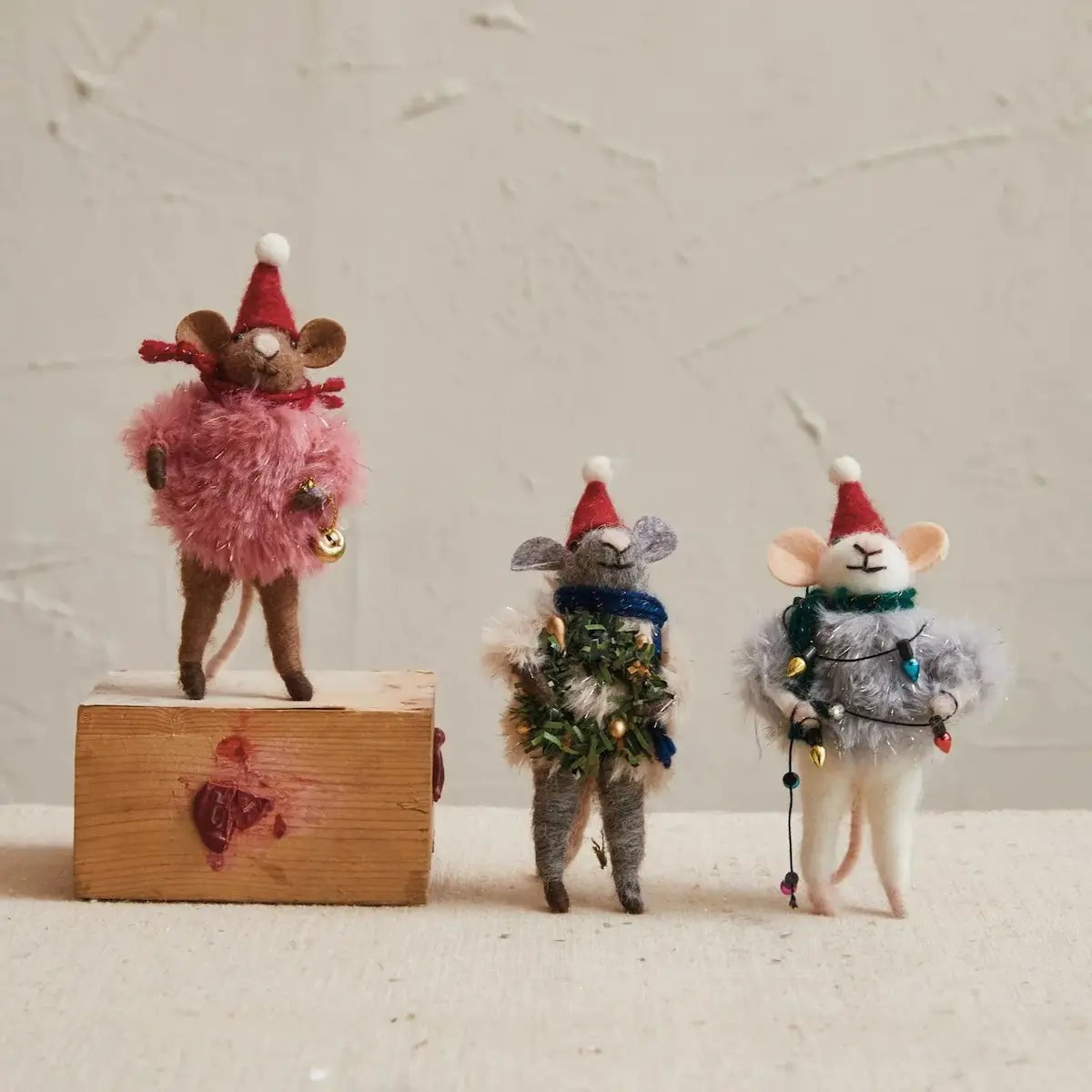 Wool Felt Mouse with Faux Fur Sweater Ornaments Holiday Ornaments