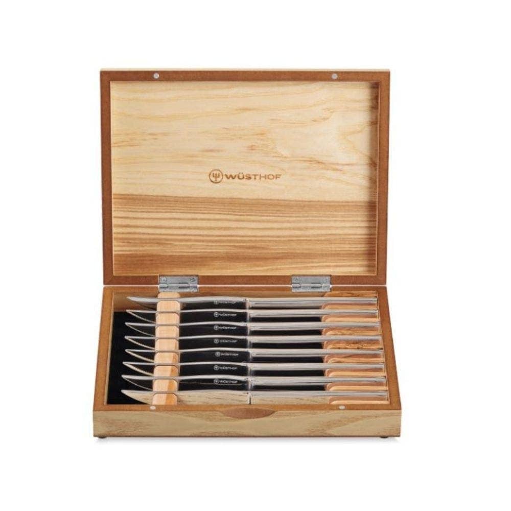 8piece Stainless Mignon Steak Knife Set, Olive Wood Chest